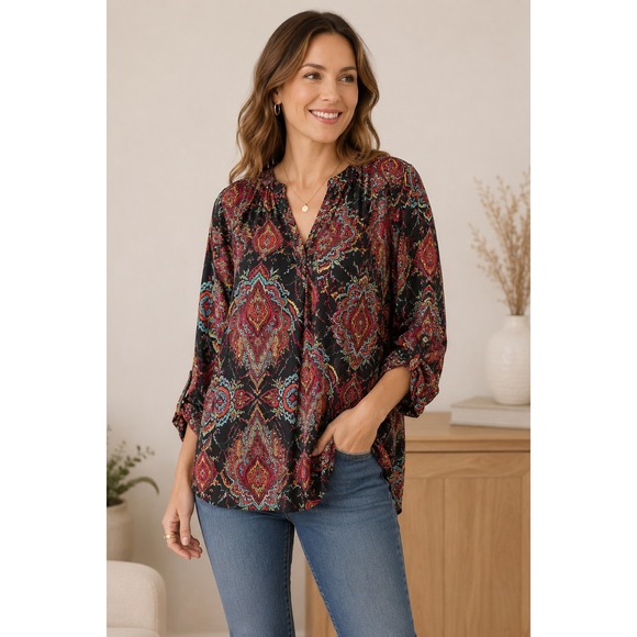 SOHO New York & Company Jeans Tops - Soho Jeans Boho Paisley‎ V-Neck Blouse XL Vibrant Festival Roll-Tab Top